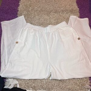 White Linen Pants with Button Detail